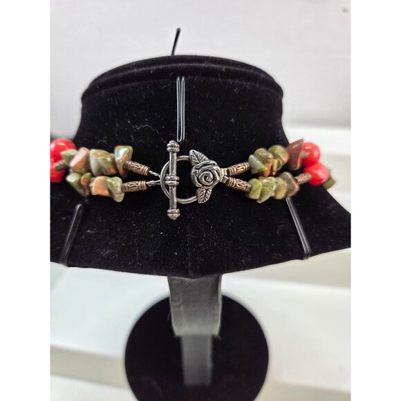 Vintage Handcrafted Necklace & Earring Set Red & Green Stone  With Toggle Clasp - Picture 5 of 10